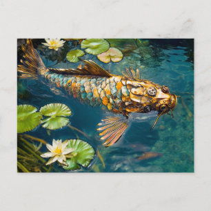 Metalen Koi in vijver en waterlelie Briefkaart
