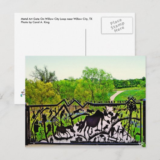 Metalen kunstpoort op wilde stadslijn, TX Briefkaart (Voorkant / Achterkant)