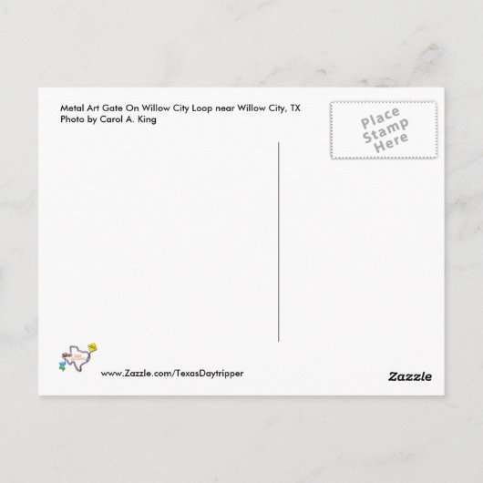 Metalen kunstpoort op wilde stadslijn, TX Briefkaart (Achterkant)