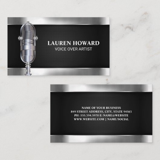 Metalen microfoon | Visitekaartje met zwarte mazen (Voorkant / Achterkant)