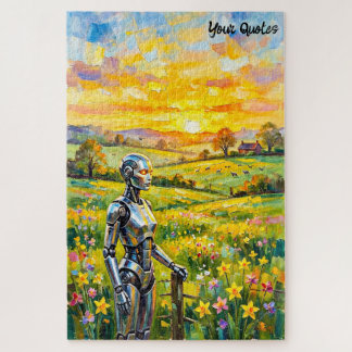 Metalen robot in zonsondergang weide olieverfschil legpuzzel