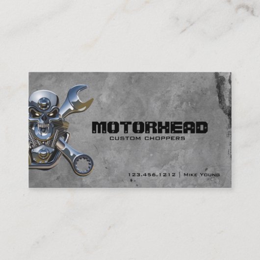Metalen schedel en moersleutel visitekaartje (Voorkant)