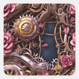 Metalen tandwielen en roze rozen Steampunk Vierkante Sticker