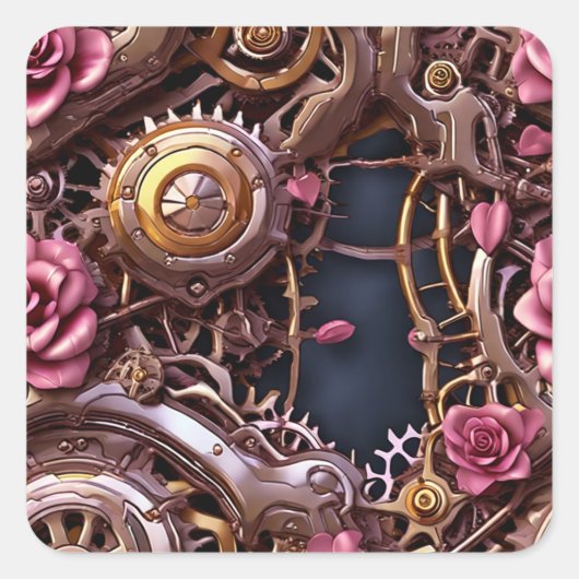 Metalen tandwielen en roze rozen Steampunk Vierkante Sticker (Voorkant)