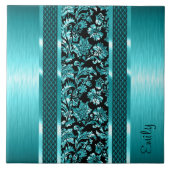Metalen turkoois en zwarte damast en metaal tegeltje (Voorkant)