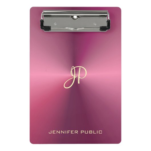 Metalen Uitzicht Roze Sjabloon Modern Monogram Mini Klembord (Voorkant)
