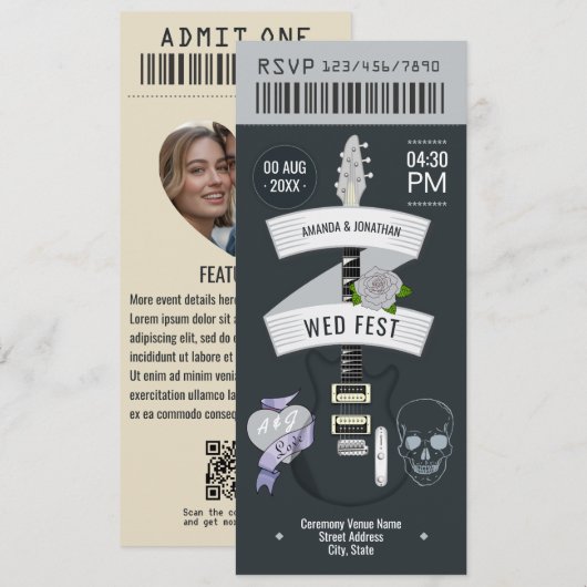 Metalhead Luxe Rock ’n’ Roll Wedding Ticket Kaart (Voorkant / Achterkant)