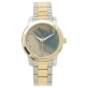 Metalic Gold Peacock Feather Horloge