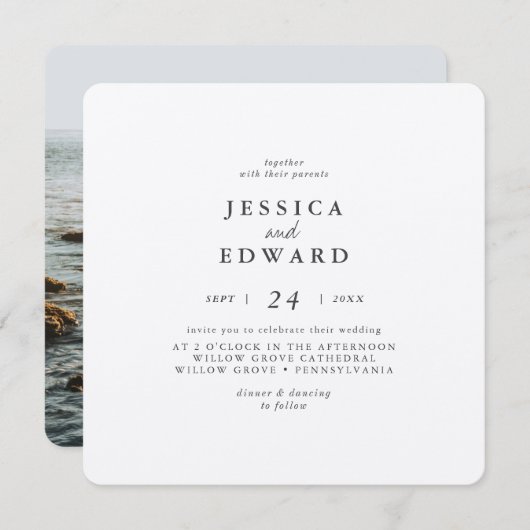 Metalic Silver en Black Photo Wedding Kaart (Voorkant / Achterkant)