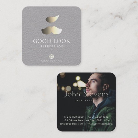 Metalic Silver en Golden Mustache Hair Barber Vierkante Visitekaartje (Voorkant / Achterkant)