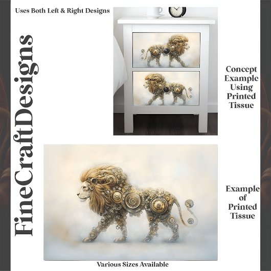 Metalic Steampunk Lion Wheels Cogs E8L Decoupage Tissuepapier