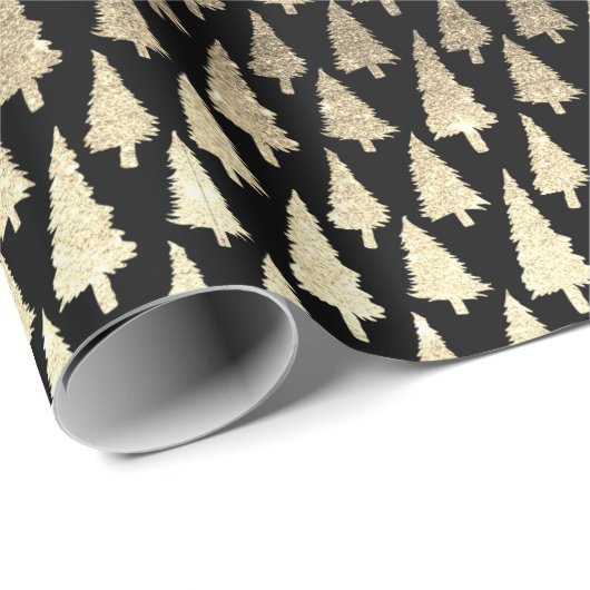 Metallic 14k Gold Glitter-kerstbomen op zwart cade Cadeaupapier (Rol Hoek)