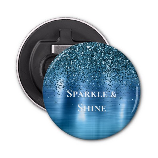 Metallic Aqua Blue Glitter Button Flesopener (Voorkant)