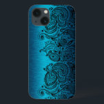 Metallic Aqua Blue met Black Paisley Lace Case-Mate iPhone Case<br><div class="desc">Zwart waterblauw metalen ontwerp geborsteld aluminium met zwarte florale paisleykant.</div>