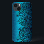 Metallic Aqua Blue met Black Paisley Lace Case-Mate iPhone Case<br><div class="desc">Zwart waterblauw metalen ontwerp geborsteld aluminium met zwarte florale paisleykant.</div>