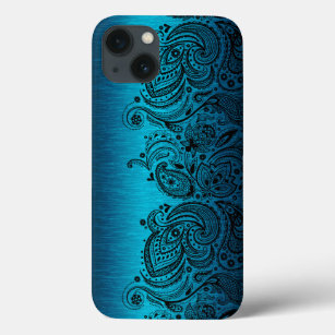 Metallic Aqua Blue met Black Paisley Lace Case-Mate iPhone Case