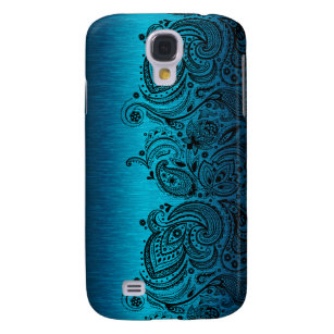 Metallic Aqua Blue met Black Paisley Lace Galaxy S4 Hoesje