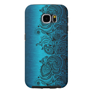 Metallic Aqua Blue met Black Paisley Lace Samsung Galaxy S6 Hoesje