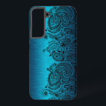 Metallic Aqua Blue met Black Paisley Lace Samsung Galaxy Hoesje<br><div class="desc">Afbeelding van een waterblauw metallisch ontwerp geborsteld aluminium met zwarte florale paisleykant.</div>