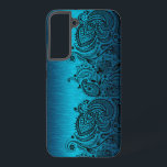 Metallic Aqua Blue met Black Paisley Lace Samsung Galaxy Hoesje<br><div class="desc">Afbeelding van een waterblauw metallisch ontwerp geborsteld aluminium met zwarte florale paisleykant.</div>