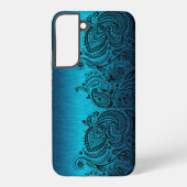 Metallic Aqua Blue met Black Paisley Lace Samsung Galaxy Hoesje (Achterkant)