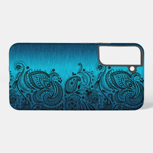 Metallic Aqua Blue met Black Paisley Lace Samsung Galaxy Hoesje (Achterkant horizontaal)
