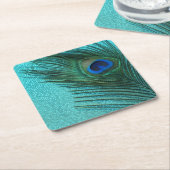 Metallic Aqua Blue Peacock Feather Kartonnen Onderzetters (Schuin)