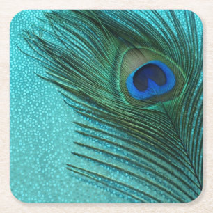 Metallic Aqua Blue Peacock Feather Kartonnen Onderzetters