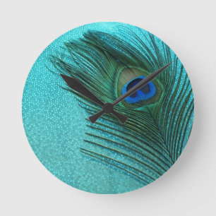 Metallic Aqua Blue Peacock Feather Ronde Klok