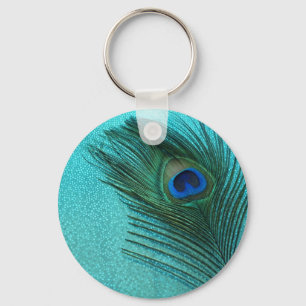 Metallic Aqua Blue Peacock Feather Sleutelhanger