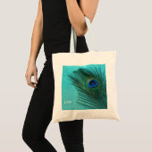 Metallic Aqua Blue Peacock Feather Tote Bag (Voorkant (product))