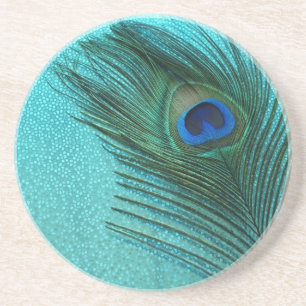 Metallic Aqua Blue Peacock Feather Zandsteen Onderzetter