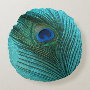 Metallic Aqua Blue Peacock Rond Kussen