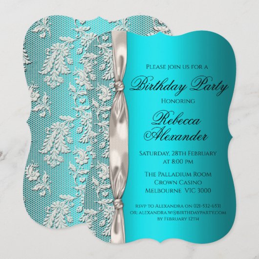 Metallic Aqua en White Lace Birthday Kaart (Voorkant / Achterkant)