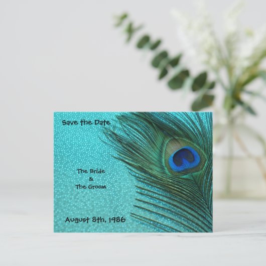 Metallic Aqua Peacock Save the Date Briefkaart (Staand voorkant)