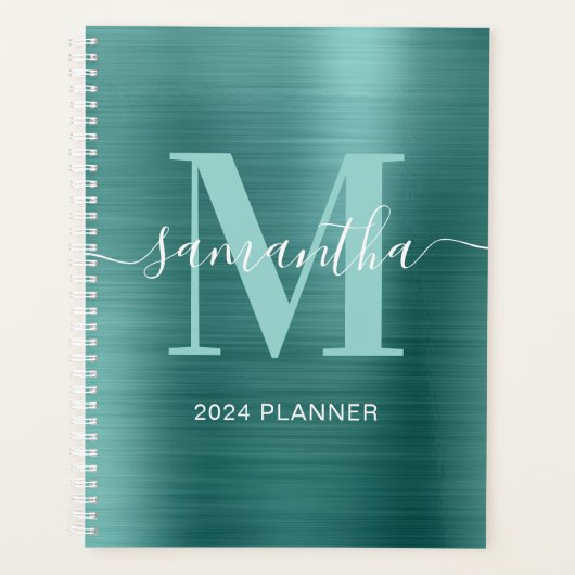 Metallic Aqua Teal Signature Monogram Planner (Voorkant)