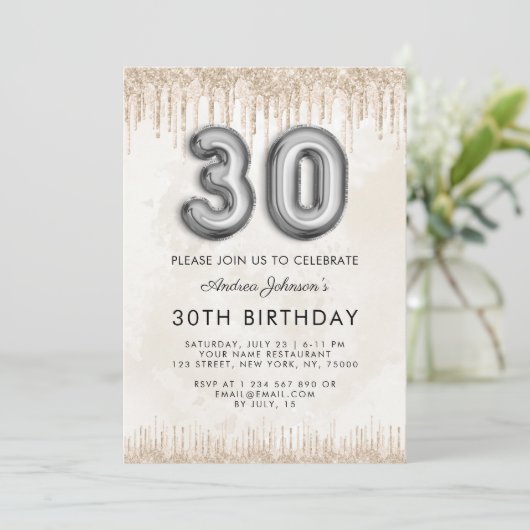 Metallic ballon nummer 30th Birthday Marble Cream Kaart (Staand voorkant)
