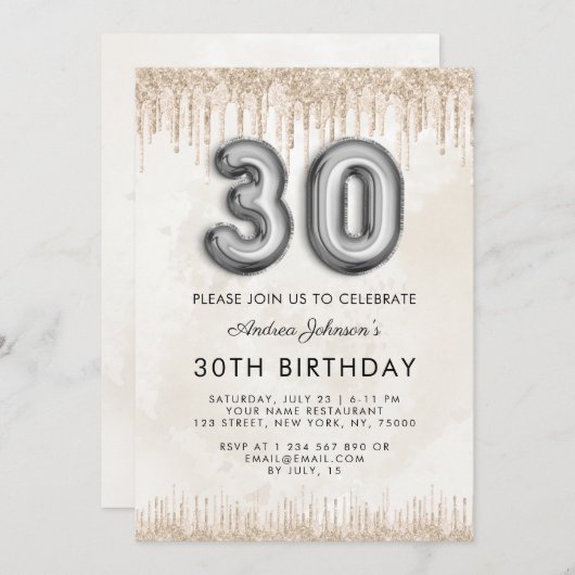 Metallic ballon nummer 30th Birthday Marble Cream Kaart (Voorkant / Achterkant)