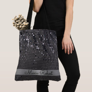 Metallic Black Glitter Girly Glam Gepersonaliseerd Tote Bag