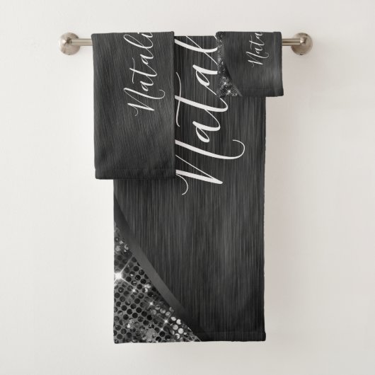 Metallic Black Glitter Personalized Bad Handdoek (Insitu)