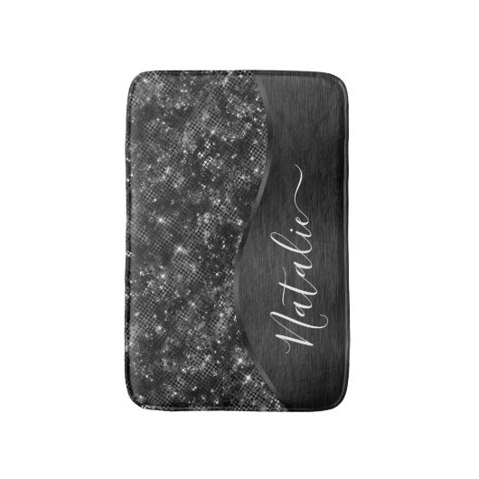 Metallic Black Glitter Personalized Badmat (Voorkant Verticaal)