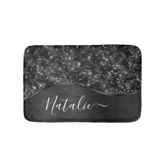 Metallic Black Glitter Personalized Badmat (Voorkant)