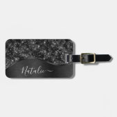 Metallic Black Glitter Personalized Bagagelabel (Voorkant horizontaal)