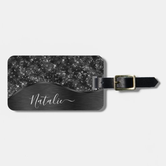Metallic Black Glitter Personalized Bagagelabel (Voorkant horizontaal)