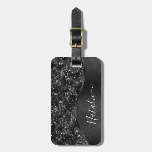Metallic Black Glitter Personalized Bagagelabel (Voorkant verticaal)