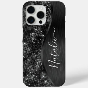 Metallic Black Glitter Personalized iPhone 15 Pro Max Hoesje