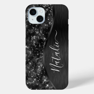 Metallic Black Glitter Personalized iPhone 15 Mini Hoesje