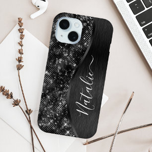 Metallic Black Glitter Personalized iPhone 15 Case