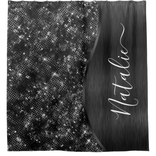 Metallic Black Glitter Personalized Douchegordijn (Voorkant)