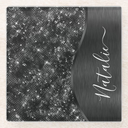 Metallic Black Glitter Personalized Glazen Onderzetter (Voorkant)